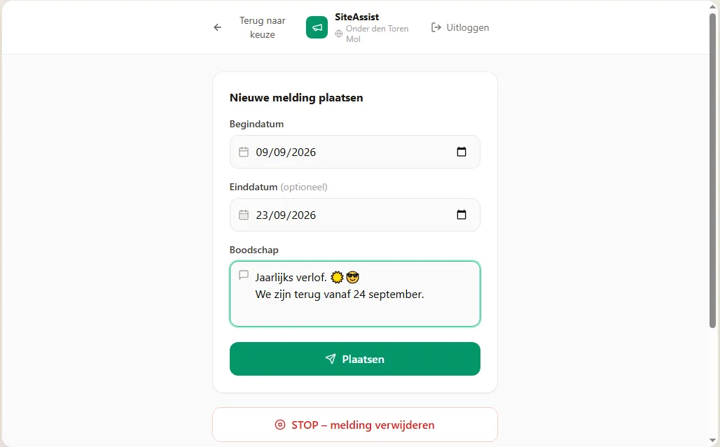 Een tijdelijke popup invoeren in SiteAssist